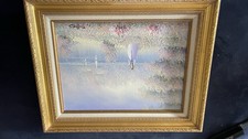 Vintage Impressionist Palette Knife Oil Painting Garden Pond Gilt Frame Signed picture