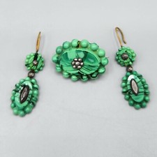 Antique Victorian Cut Steel Green Malachite Glass Brooch & Drop Earrings picture