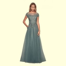 La Femme Slate Blue Shimmer Embroidered Cap Sleeve Tulle A-Line Gown Sz 18 $575 picture