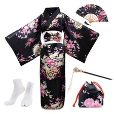 PLULON 5Pcs Japanese Yukata Blossom Satin Bathrobe Set with Bag Fan Hairpin picture