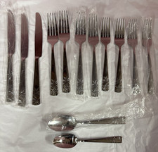 Vintage ONEIDA  Glossy Stainless Flatware Squared Floral Handle 13 pieces picture
