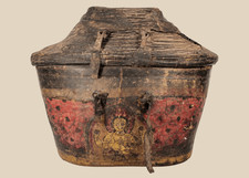 Antique Himalayan | Painted Hide-Covered Lidded Storage Basket with Deity Figure picture