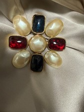 Vintage Les Bernard VO For Vogue Flower Brooch Gripoix Style Cabochon Pin 80s picture