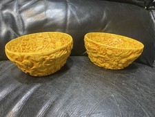 2 Vintage  Yellow Chinese Carved Cinnabar Style Bowls Pair Rare picture