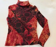 Cache Womens VTG Red Gold Floral Long Sleeve Turtleneck Sweater Sz L picture