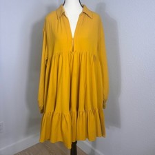 H&M Mustard Yellow Tiered Long Sleeve Dress 100% Cotton picture