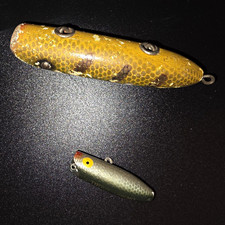 Antique Wooden Lure Lot of 2 - Heddon Wood Lucky 13 & Stamped Trout-Oreno USA picture