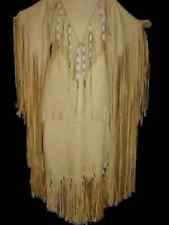 Women's Tan Leather Beaded Fringes Long Wedding Dress Powwow Regalia LC6901 picture