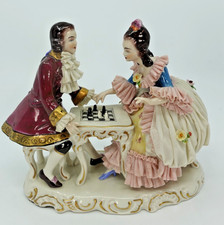 Vintage Dresden Style Porcelain Lace Figurine Couple Playing Chess Germany picture