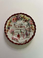 Vintage Japanese Geisha Girl Porcelain Plate Scalloped Maroon Gold Hand Painted picture