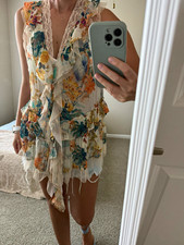 NWT Anthropologie Ivory Floral Lace Trim Ruffle Tie V-Neck Sleeveless Blouse, S picture