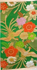 Vintage Japanese Kimono Obi Fabric Green Gold Crane Floral Silk Craft Material picture