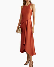 Reiss women's Micah Satin Drape Tuck Midi Dress - size 10 US / 14 UK  - Rust picture