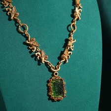 Vintage Green Glass Pendant Necklace Relief Palace Gold Lion Luxury Jewellery picture