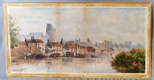 Antique John Heaton Original Watercolor British River Village Boats ca. 1885 picture