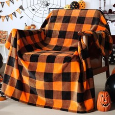 🎃 Halloween Buffalo Plaid Fleece Throw Blanket Orange Black Soft Cozy Fall Deco picture