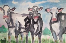 Delilah Three Cows original  impressionism 6x9 watercolor contemporary COA picture