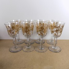 8 Antique Blown Glass Water or Wine Goblets Gold Grape Vine Design 7.5