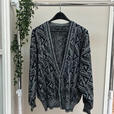 Gently Used Peter England Vintage Geometric Knit Cardigan Navy White Large picture
