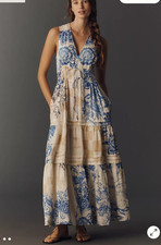 Anthropologie Women's Ivory/Blue Multi The Somerset Linen Bl. Maxi Dress $168 XL picture
