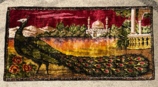Vintage Velvet Peacock Tapestry Wall Hanging Taj Mahal Landscape 38x19” picture