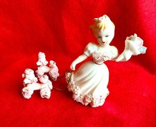 Vintage Lefton 692 Girl Walking Pink Spaghetti Poodles Figurine Complete Set picture