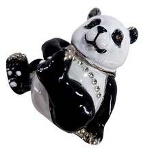 Panda Bear Hinged Trinket Box Enamel Rhinestone Crystal Bejeweled Black White picture