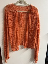 Vintage 1970s Handmade Orange Crochet Cardigan Open Knit Boho Hippie XS/S picture