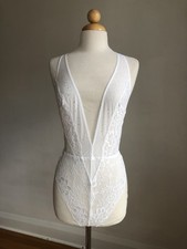 STUNNING NWOT SAKI SILVER White Lace Rhinestones Teddy Romper Thong Lingerie M picture