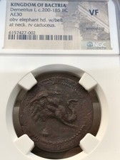 Kingdom of Bactria Demetrius I 200-185 BC AE30 NGC VF Elephant Caduceus picture