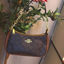 Coach Teri Signature Small Crescent Shoulder Bag Brown/Black Gold Zip Strap picture