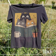 Retro Curious Reading Cats Short Sleeve Print Unisex T- Shirt Full Size S- 5XL picture