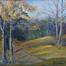 Antique 1940s Wooded Autumn Landscape Impressionism Oil Painting Framed 12.5x9.5 picture