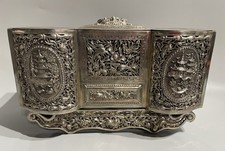 19thC Chinese Export Solid Silver Repoussé & Reticulated Hinged Box Signed 682g picture