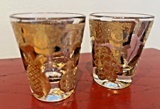 Vintage Culver Set (2) Florentine Fruit Shot Glasses 22kt Gold MCM Barware picture