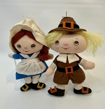 Vintage Russ Berrie Pilgrims Boy & Girl Thanksgiving Plush Doll Set 5” Hanging picture