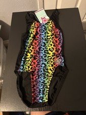 GK Stars New Gymnastics Leotard Black Rainbow Leopard Print Size (CS Girls 5-6) picture