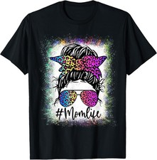 Womens Bleached Rainbow Leopard Mom Life T-Shirt with Messy Bun Design picture