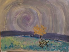 Acrylic On Paper Landscape With Golden Tree Under A Swirling Twilight Sky  picture