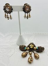 Vintage Unsigned Kramer Saphiret Venetian beads Rhinestone Brooch & Earrings Set picture