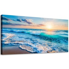 SLYCAY Blue Ocean Large Canvas Wall Art Prints, Coastal Sunset Landscape Prin... picture