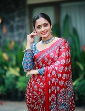 Ajrakh Pure Gajji Silk Bandhej Mirror Work Saree Wedding Party Wear Indian Sari picture