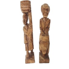Vintage Hand Carved African Wood Statues Drummer Water Bearer Pair picture