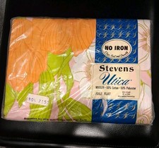 Vtg Steven's Utica Sheet Full Flat Tulip Stripe Orange, Green & Pink NOS 81x104 picture