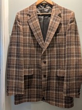 VTG 70s Designer Blazer Mens 44R Brown Plaid Slim Fit 100% Pure Wool Jacket picture