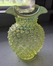 Vintage Fenton Uranium Glass Topaz Opalescent Hobnail Vase 5.5