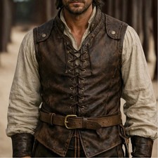 Men's Leather Steampunk Vest Brown Gothic Renaissance Lace Up Waistcoat picture