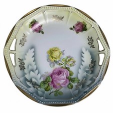 Antique PK Silesia Koenigszelt Handled Cake Plate Roses Gold Reticulated 9” picture