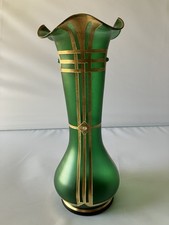 Antique Austrian Art Nouveau Gilt Metal Stones Green Glass Vase Loetz? Moser? picture