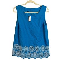 Talbots Women's Blue Eyelet Embroidered Hem Sleeveless Shell Top Size 12 NWT picture
